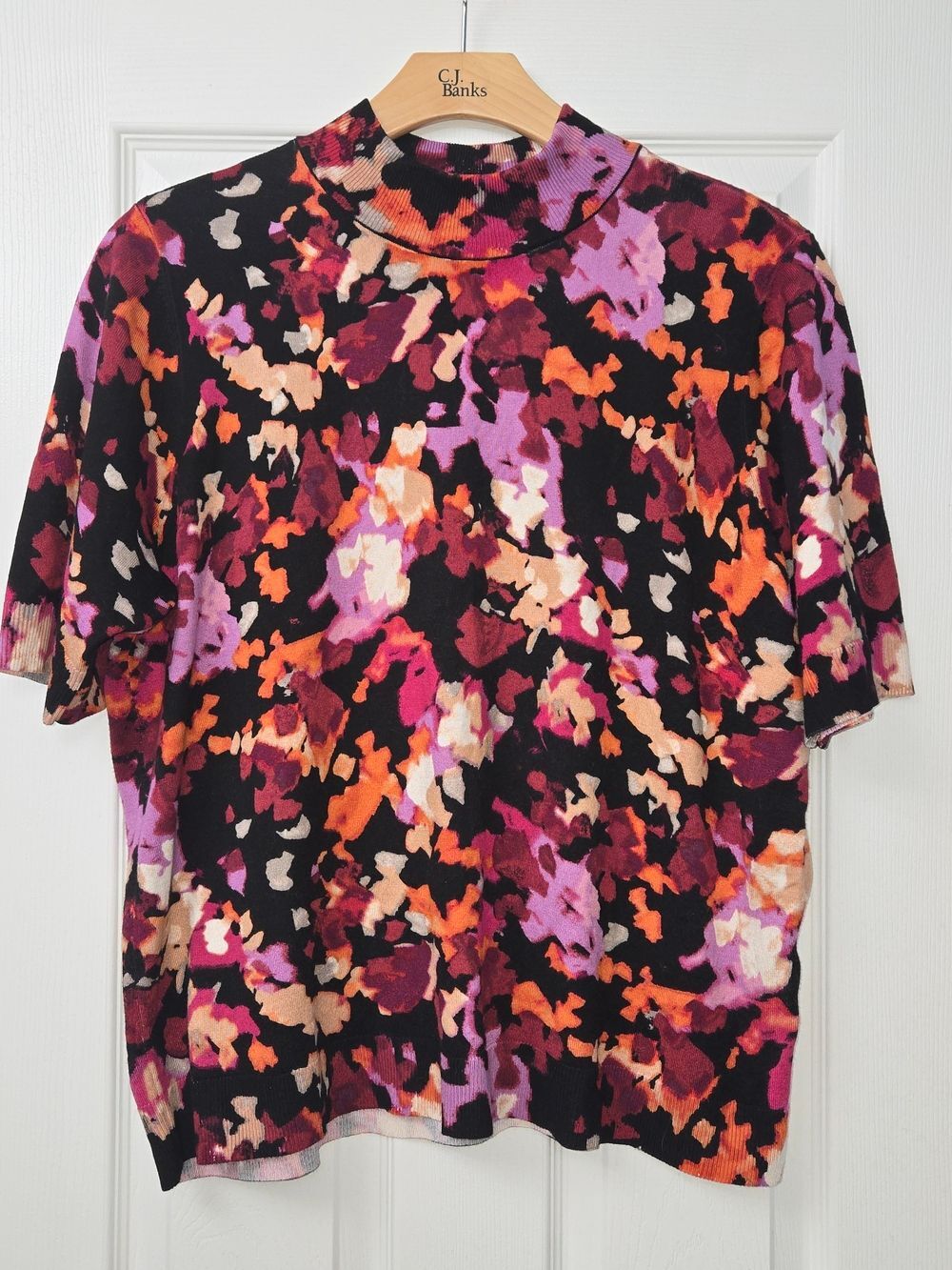 Chico's Size 3 / XL Abstract Floral Knit Mock Neck Top Short Sleeve Sweater